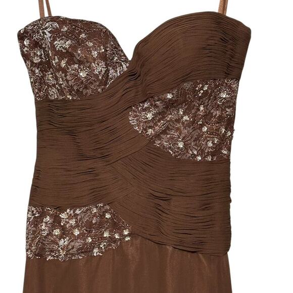 Jovani Strapless Pleated Sequence Full Length Evening Prom Gown Brown (16) - Picture 3 of 13